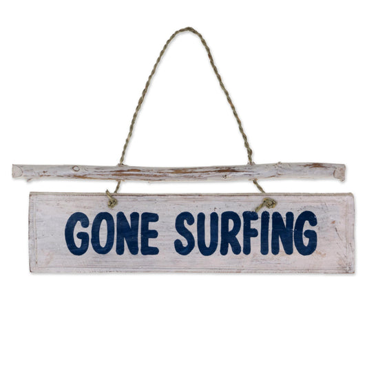 NOVICA Hand Carved Albesia Wood Beach Cottage Nautical Garden Sign With Agel Grass Cord, 'Gone Surfing'