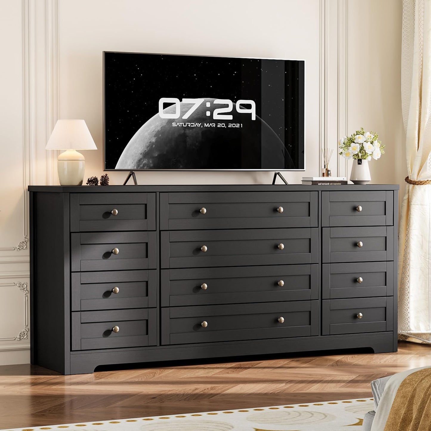 Garvee 12 Drawer Wooden Dressers for Bedroom, Black Dresser for Adult Bedroom, Modern Wood Chest of Drawers for Living Room, Closet, Entryway, Hallway, Farmhouse Wide TV Stand for 65 Inch TV