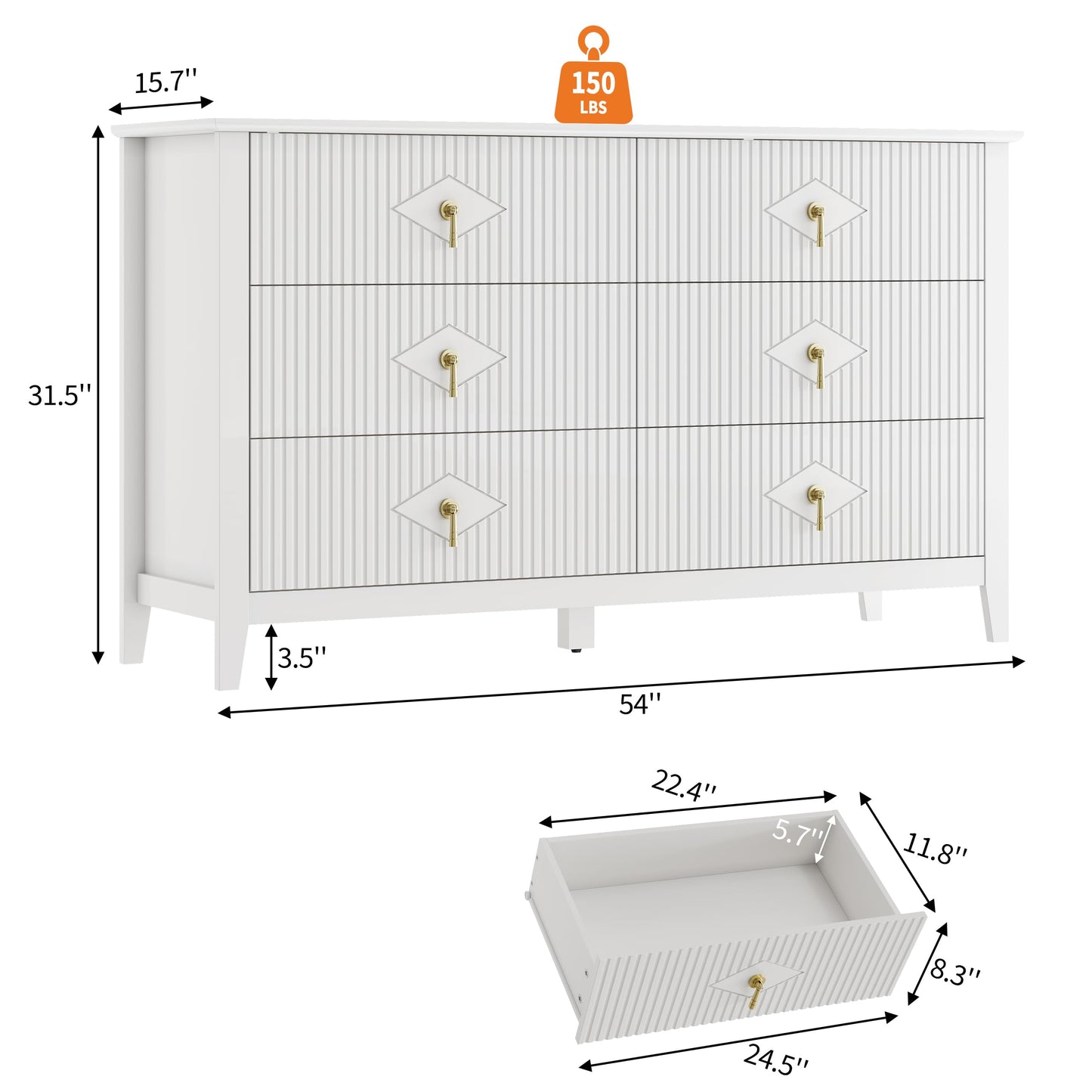 GarveeHome Fluted Dresser for Bedroom, 54 Inch Wide 6-Drawer Wood Dresser, Modern Chest of Drawers, Storage Organizer Cabinet for Living Room, Hallway, Entryway, White