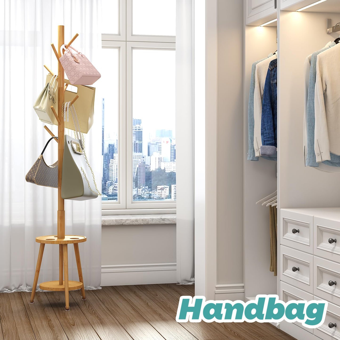 Coat Rack, Bamboo Wood Coat Freestanding with Umbrella Holder, Adjustable Height Coat Stand with 8 Hooks, kids coat rack, Used In The Bedroom Living Room, Office To Hang Clothes, Hats, Bags (Natural)