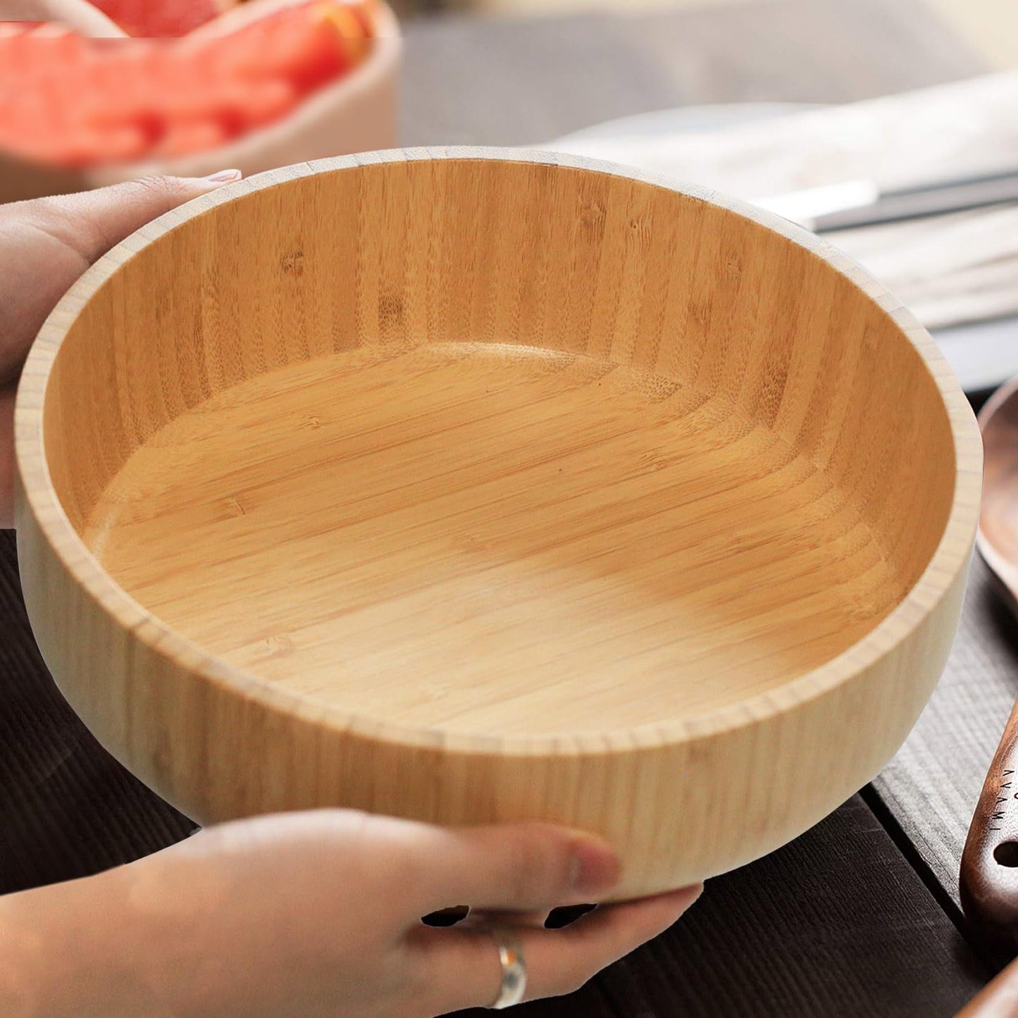 ZTHapwa Large Fruit Bowl for Kitchen Counter, 10 Inch Bamboo Wooden Straight-Side Serving Bowl for Salad, Vegetables and Fruits, Rustic Decorative Bowls for Dinner Table Centerpiece Decor, 100 Oz
