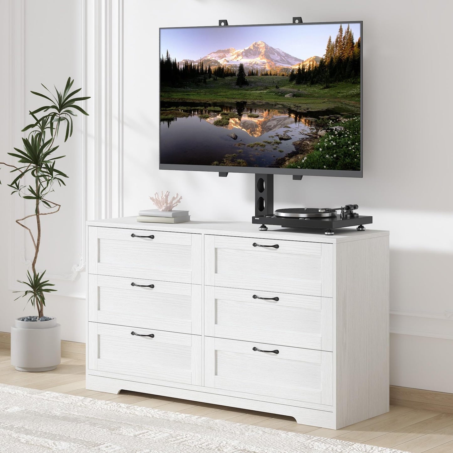 GAOMON 6 Drawer Dresser for Bedroom, White TV Stand with Height Adjustable Mount for Living Room Fit 32/55/65/75/80 Inch TVs, Farmhouse Entertainment Center as Wooden Media Console Tables