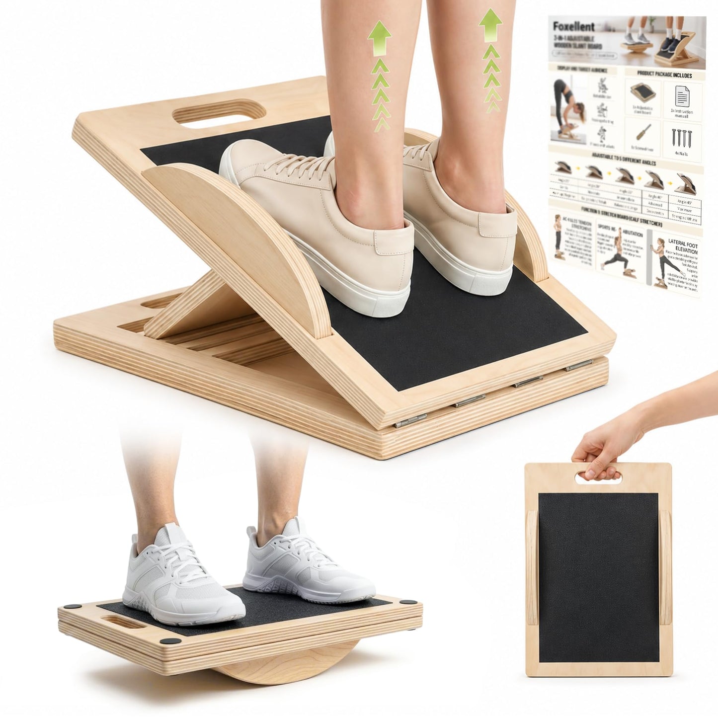 Foxellent Wooden Slant Board & Calf Stretcher, 3-in-1 Balance Board
