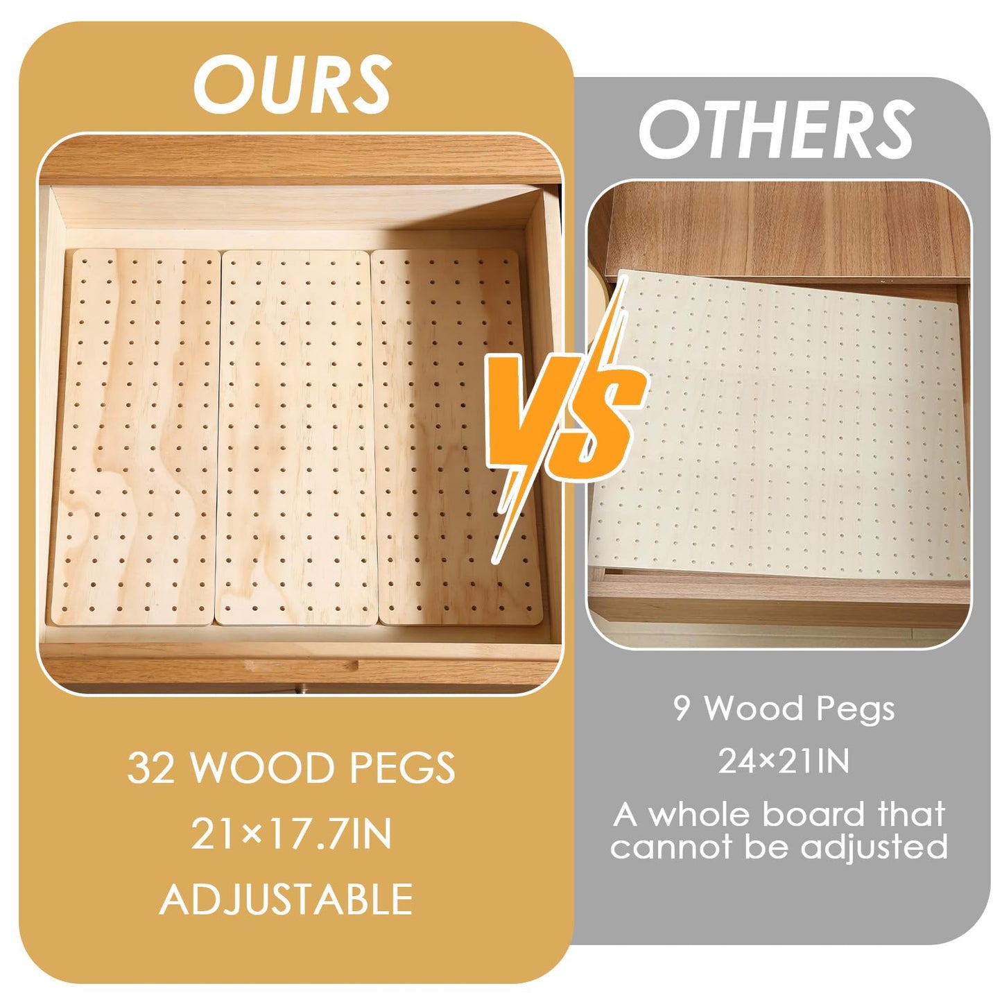 Oqqlin 4 Pcs Pegboard Drawer Organizer with 48 Pegs, 20.98x5.91 Inch Wooden Peg Board Kitchen Plate Organizer for Drawer Pegboard Storage Rack with Adjustable Peg for Tableware, Plate, Bowl, Cookware