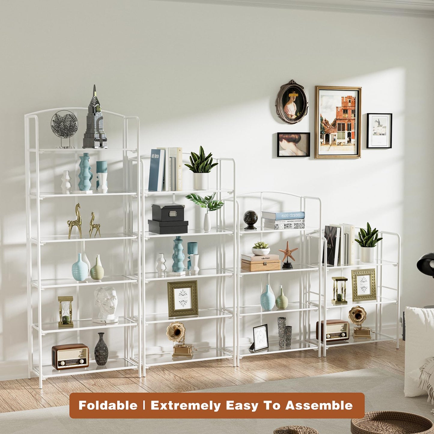 Crofy 5-Tier Wider Foldable Bookshelf, White Frame & Transparent Shelves