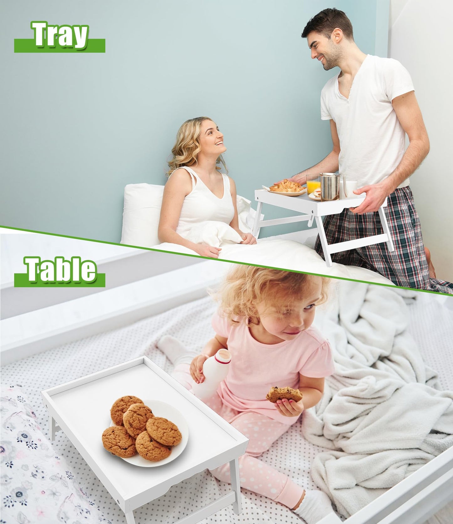 Youpehom Bed Tray Table with Folding Legs,Bamboo Breakfast in Bed for Kitchen Serving Tray,Sofa,Eating,Used As Laptop Desk Snack Tray 2 Pack (White)