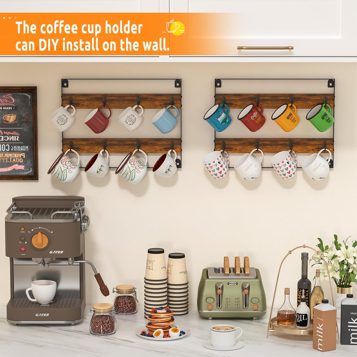 Huxitocan Wall Mount Coffee Mug Holder - Rustic Wood and Iron, Holds Up to 24 Mugs (3Pack) for Kitchen, Home, Coffee Bar
