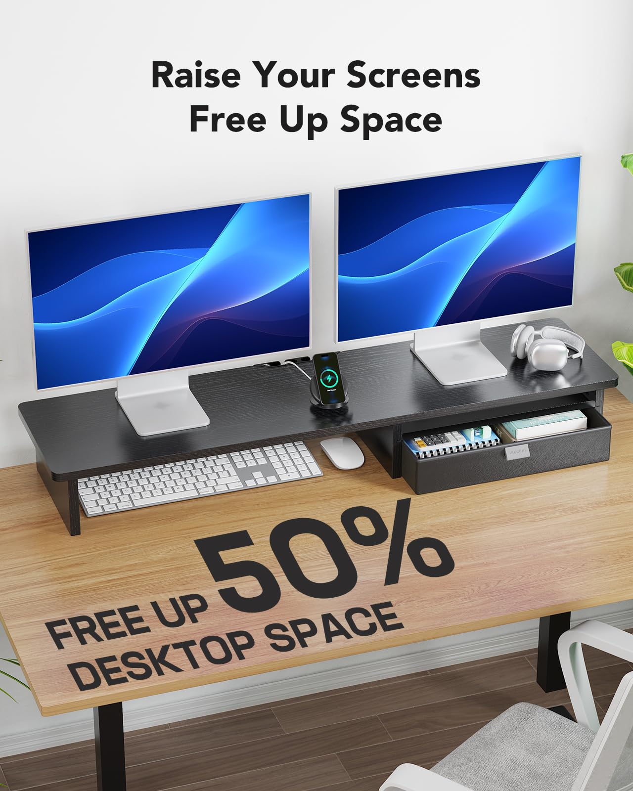 HUANUO Large Dual Monitor Stand with Drawer, Wood Monitor Stand Riser for 2 Monitors with Storage & Cable Management, Desktop Organizer up to 55" fit Monitor, Computer, TV, Printer