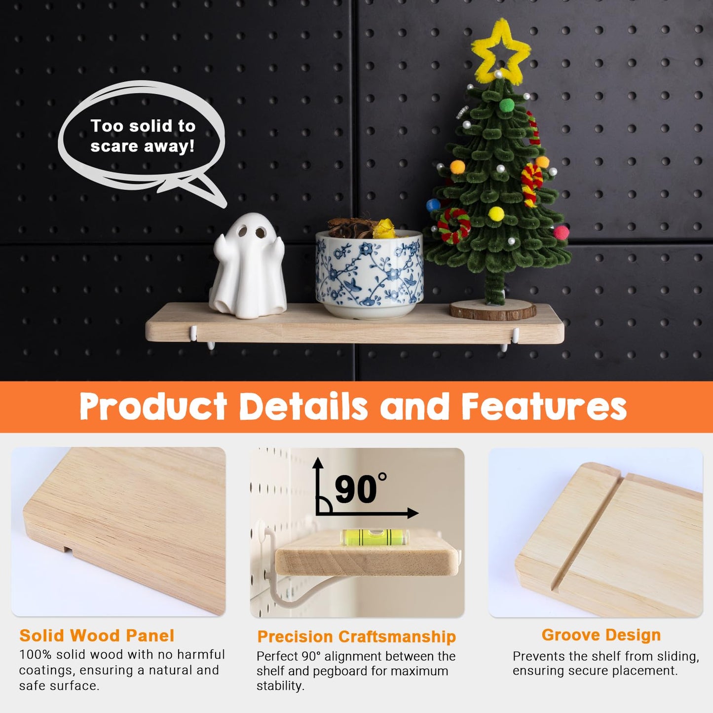 SEMPOMA 2 Pack Solid Wood Pegboard Shelf, High Balance and No tilt, 12" x 4" Pegboard Shelves Fit 1/4" Pegboard for Display Craft Garage Workbench Office