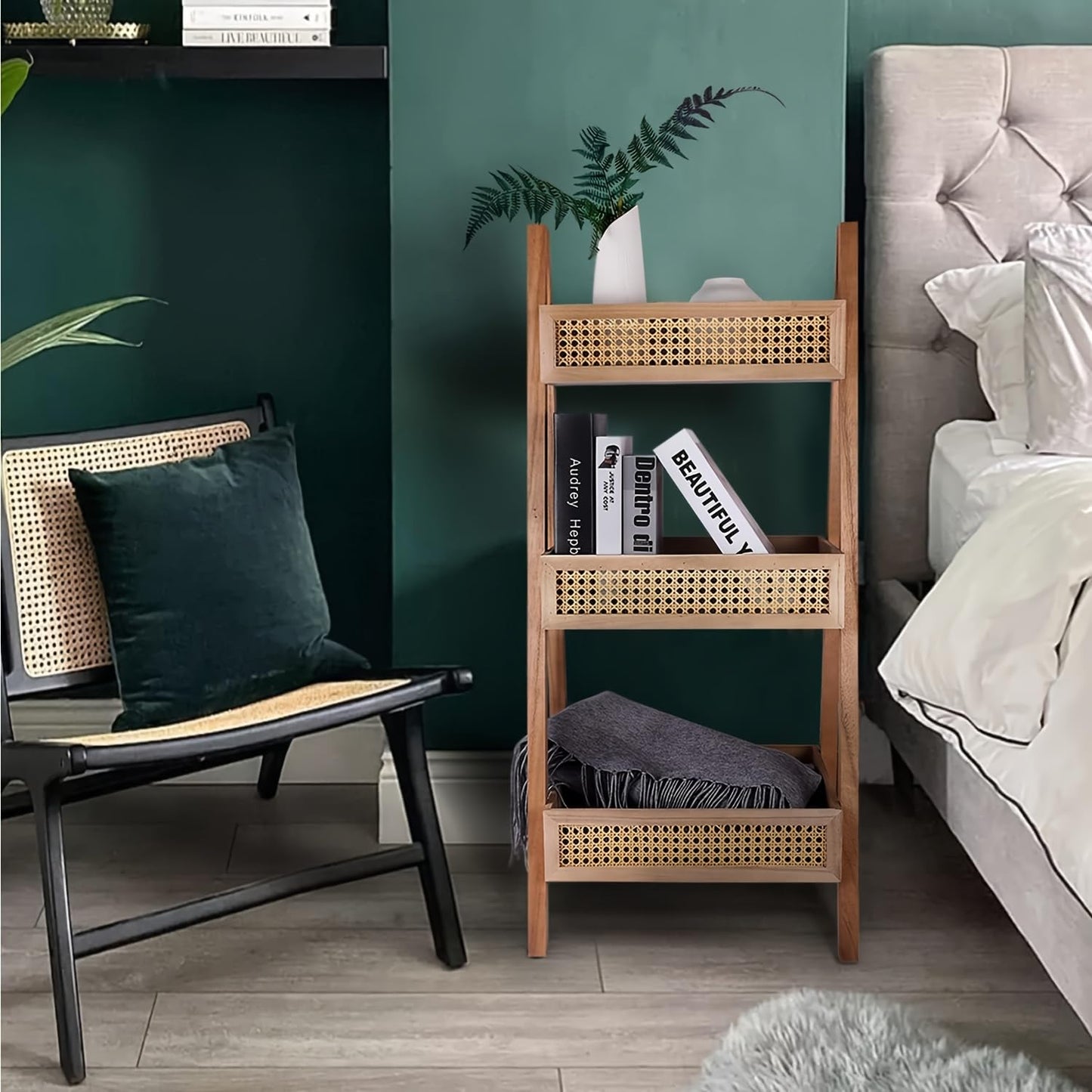 Free Standing Bookcase, Blanket Ladder, Ladder Bookshelf, 3-Tier Rattan Bookshelf, Wood Organizer Storage Shelves for Living Room Bedroom Kitchen Bathroom Balcony and Home Office