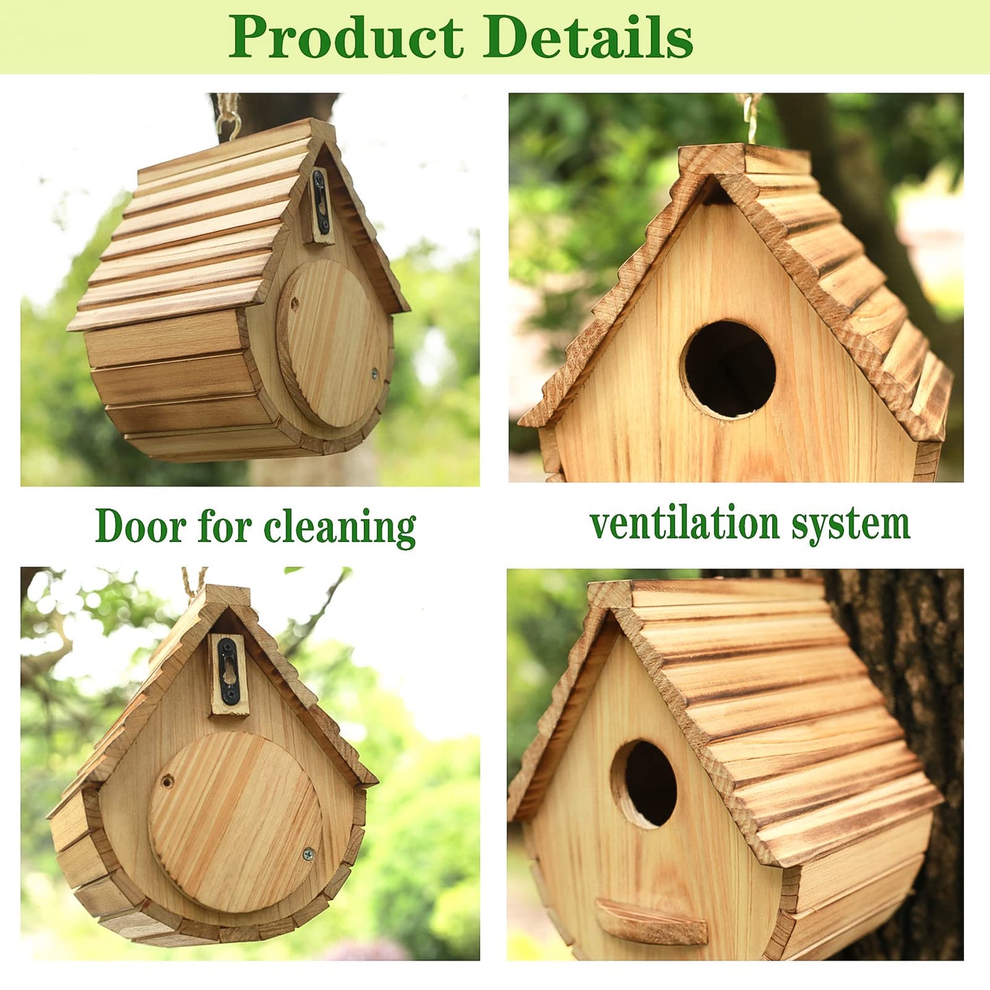 Bird House for Outside,Wood Birdhouses Outdoor, Wooden Bird House Bluebird Finch Cardinals Hanging Birdhouse for Garden Viewing