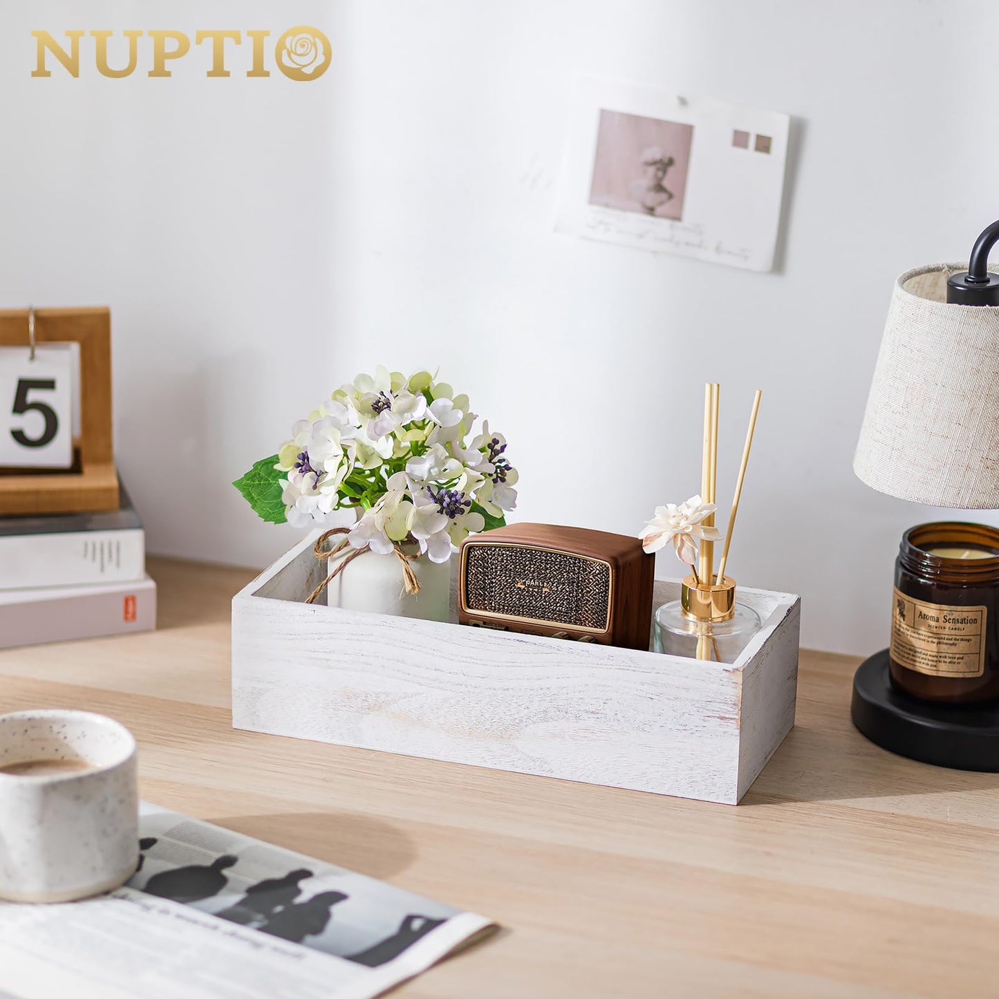 NUPTIO Wooden Box Centerpiece for Table: 2 Pcs 11.8" Long Wood Rectangle Planter Boxes - Farmhouse Washed White Planters for Fall Wedding Dining Living Room Window Mantel Table Decor
