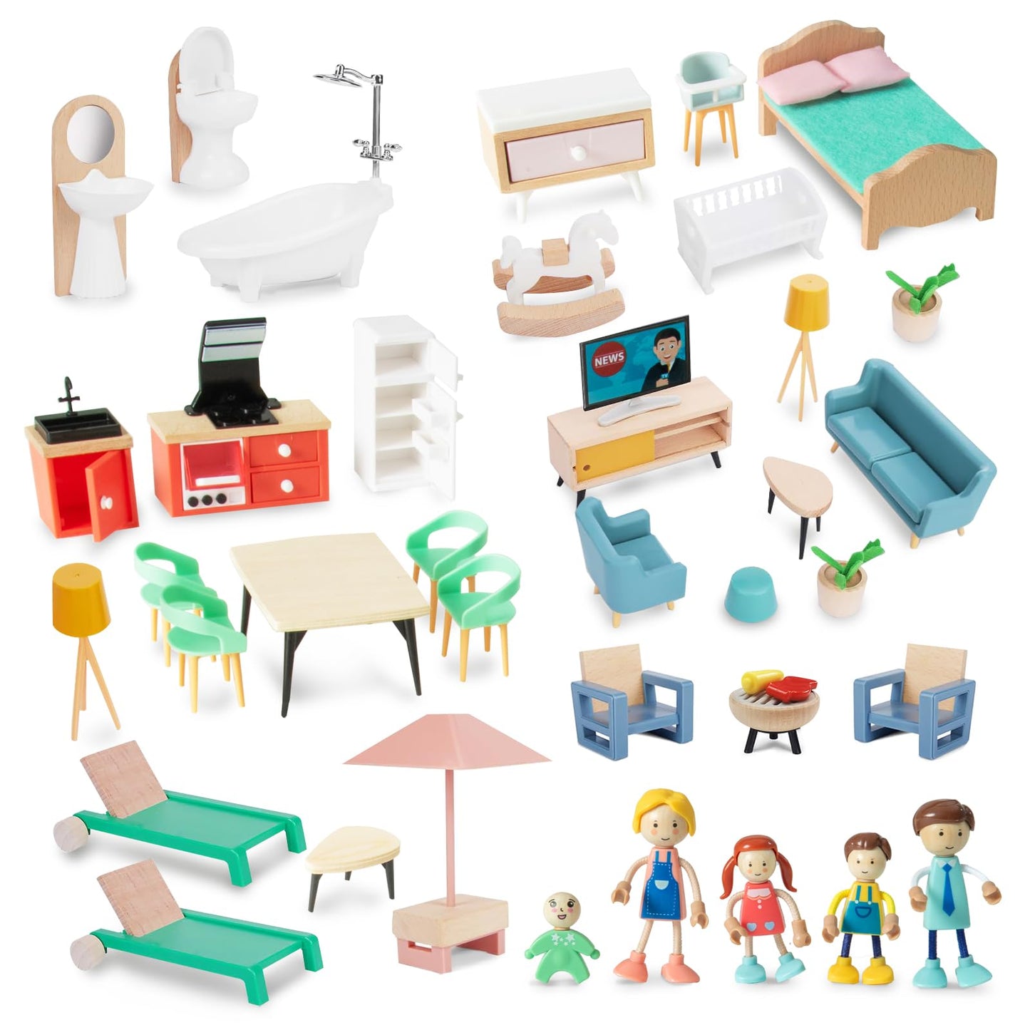 Smartwo 43PCS Wooden Dollhouse Furniture Set 6 Rooms with 5 Family Dolls,Wood and Plastic Dollhouse Accessories, in/Outdoor Scenes Pretend Play Toys Christmas Birthday Gift for Boys Girls & Kids 3Y+