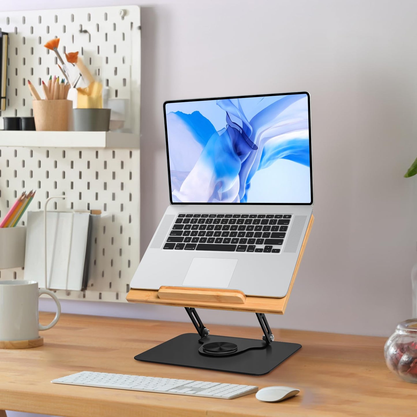 wishacc Premium Wooden & Metal Laptop Stand for Desk, Ergonomic Adjustable Computer Riser with Heat Dissipation, Foldable Portable Laptop Holder Compatible with MacBook Air Pro 10-17" Laptops
