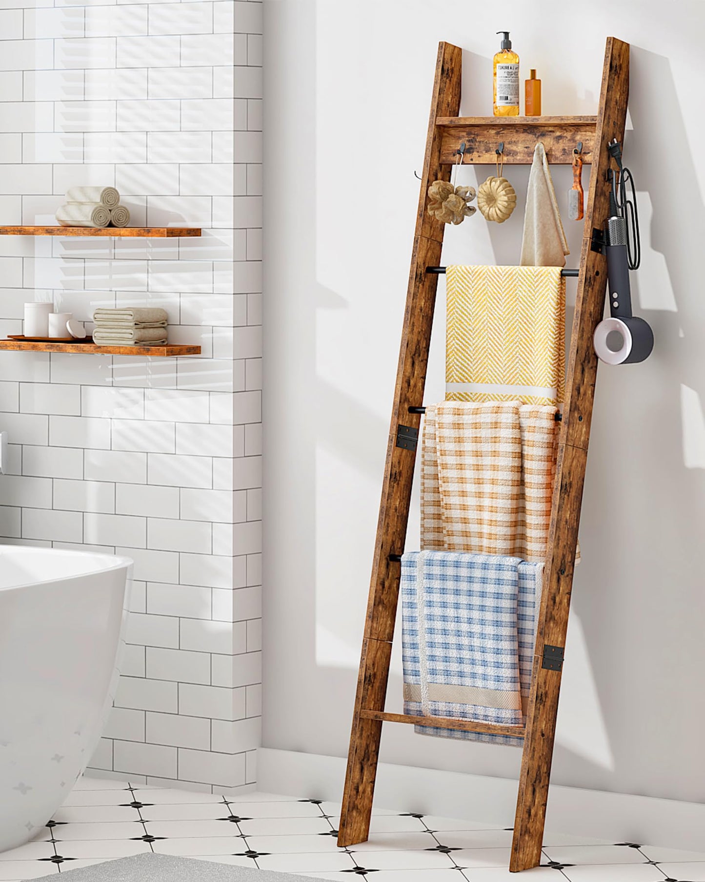 CHOEZON 5-Tier Blanket Ladder, Wooden Blanket Display Rack, Towel Ladder with Hooks, Wall Leaning Display Shelf, for Living Room, Bedroom, Balcony, Rustic Brown and Black MCJ02FG