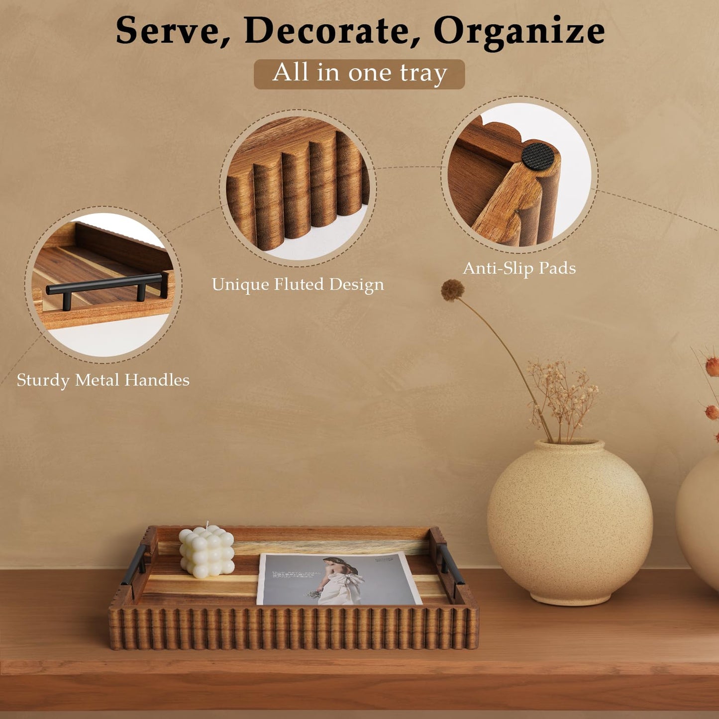 Cathyeen Acacia Wood Decorative Serving Tray with Handles, 16.7" x 12.8" Large Wooden Ottoman Tray for Living Room, Coffee Table Tray Decor for Food, Dinner, Tea or Breakfast in Bed (Natural)