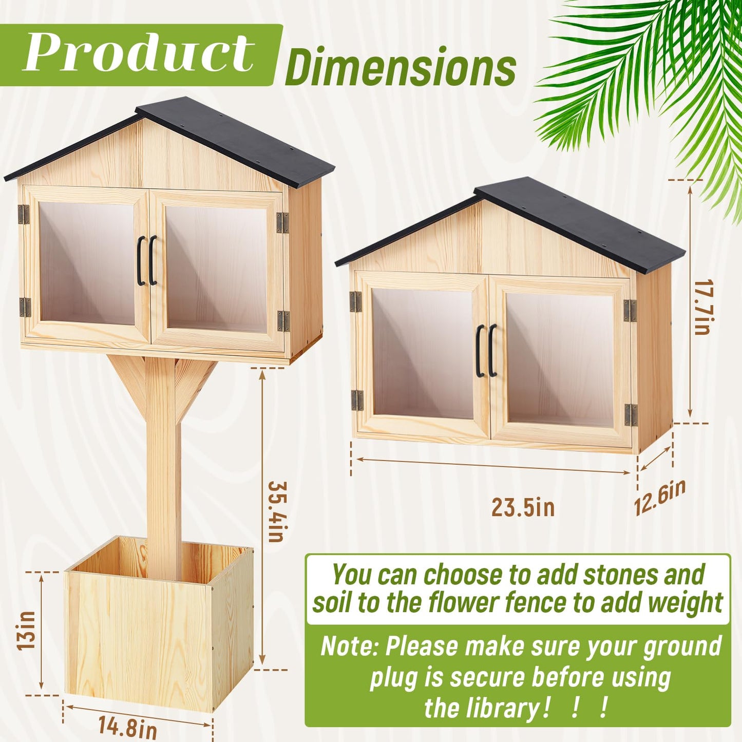 Wonderjune Little Library Box Outdoor Free Library Kit -Durable Weatherproof Solid Wood Book Exchange Box with Floor Plugs and Small Flower Fence for Neighborhoods, Community, Literature, Newspapers