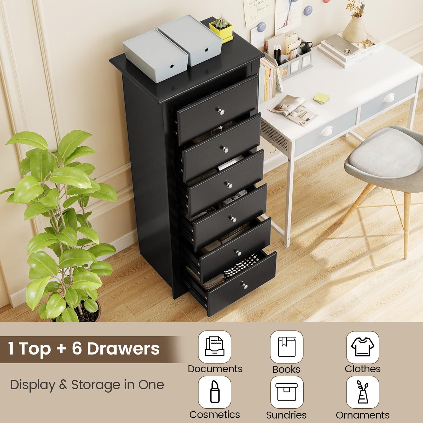 Giantex 6-Drawer Dresser for Bedroom, Wooden Chest of Drawers w/Metal Handles & Large Capacity, 16" D x 23.5" W x 53.5" H Clothes Organizer, Modern Tall Dresser for Bedroom, Entryway, Living Room