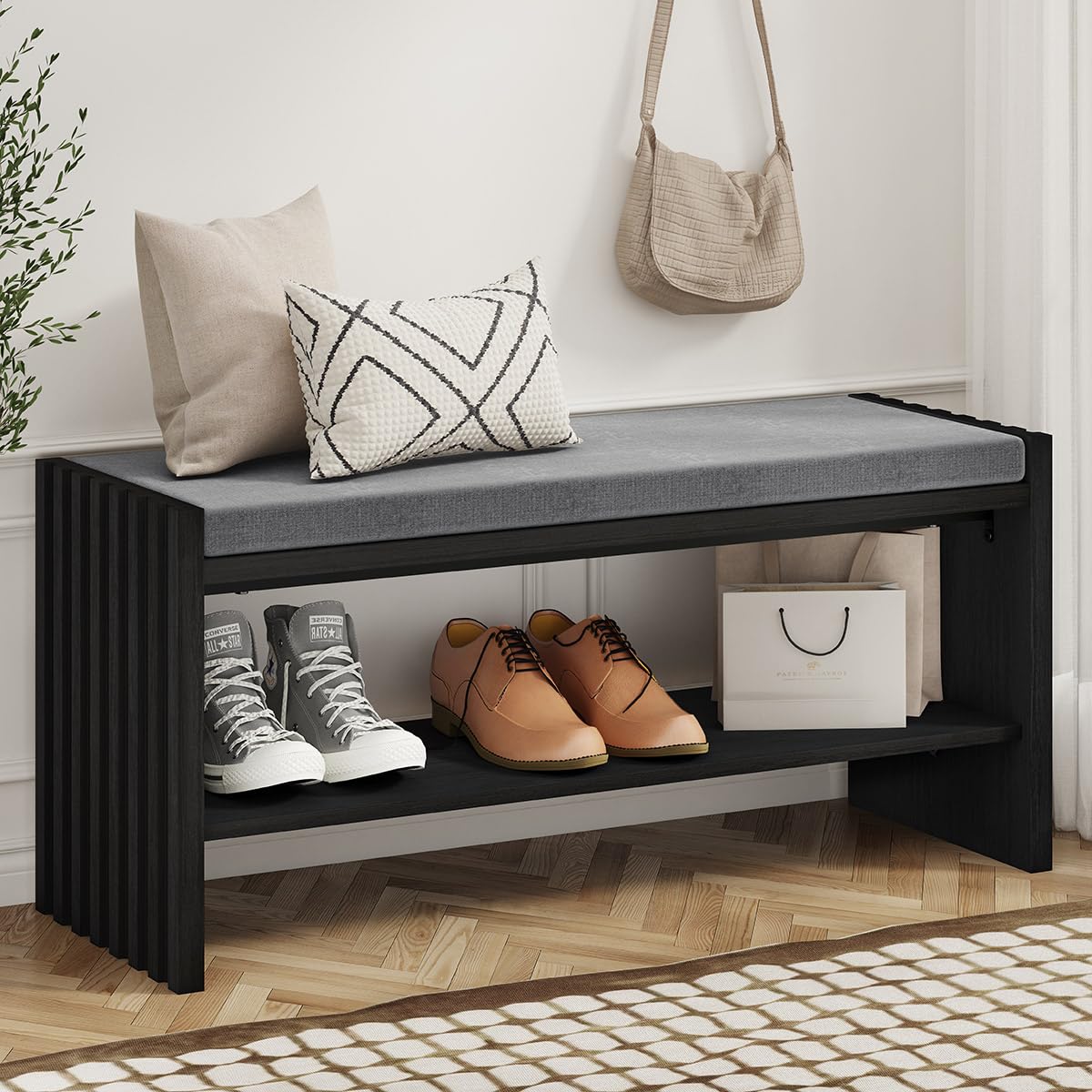 BON AUGURE Modern Coffee Tables for Living Room and Entryway Bench with Shoes Storage for Entry,Wooden Furniture Set for Home, Office (Black Oak)