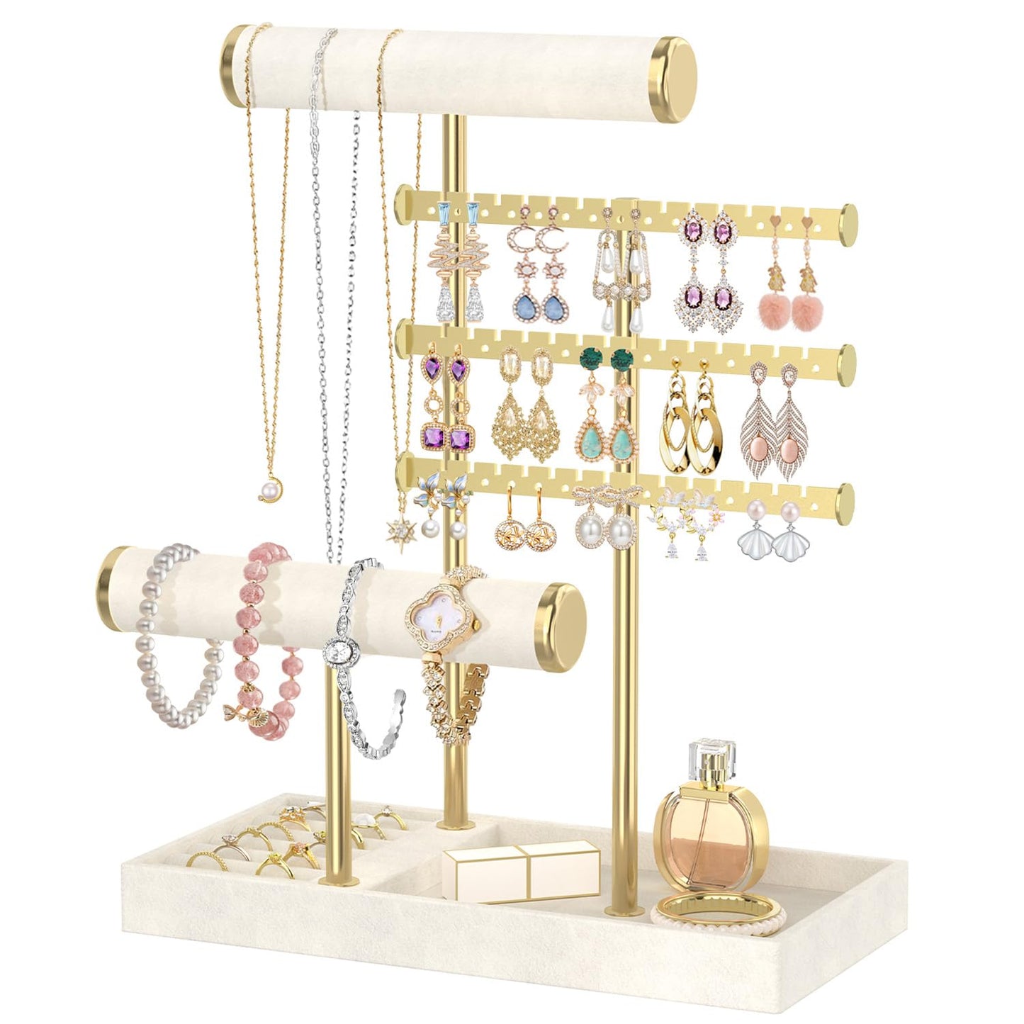 MODOWEY Necklace Holder Earring Stand Organizer, Wooden Velvet Bracelet Tree Rack with Ring Tray for Vendor Women Display Selling, Countertop T Bar Jewelry Tower Keep Everything Visible & Within Reach