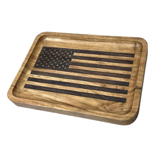 Guard The Line American Flag Valet Tray – Acacia Wood Catch All, EDC Tray – Every Day Carry Bedside Holder, Dump Tray EDC Organizer, Nightstand Organizer, Decorative Key Holder, 11 x 7.75 x 1 inches