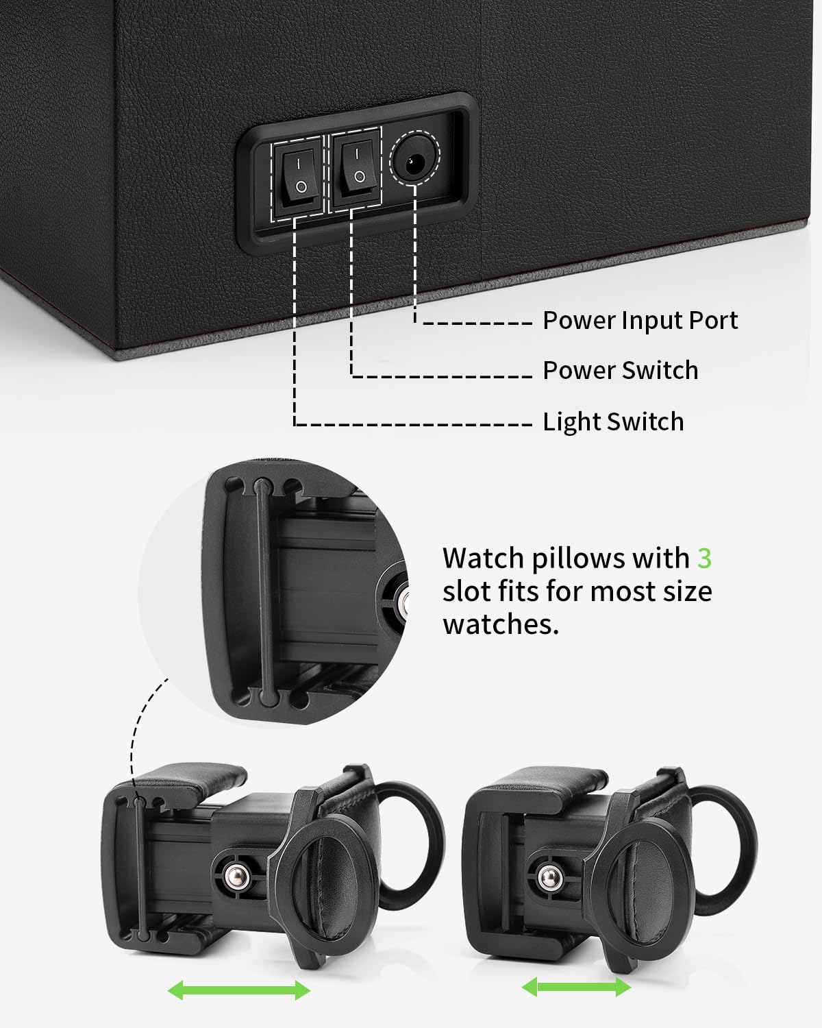 VLANDO Automatic Double Watch Winder for Men - Watch Winder Box with Jewelry Organizer Tray for Father Husband Dad, Japanese Quiet Motor, LED Light, Adjustable Watch Pillows - Black