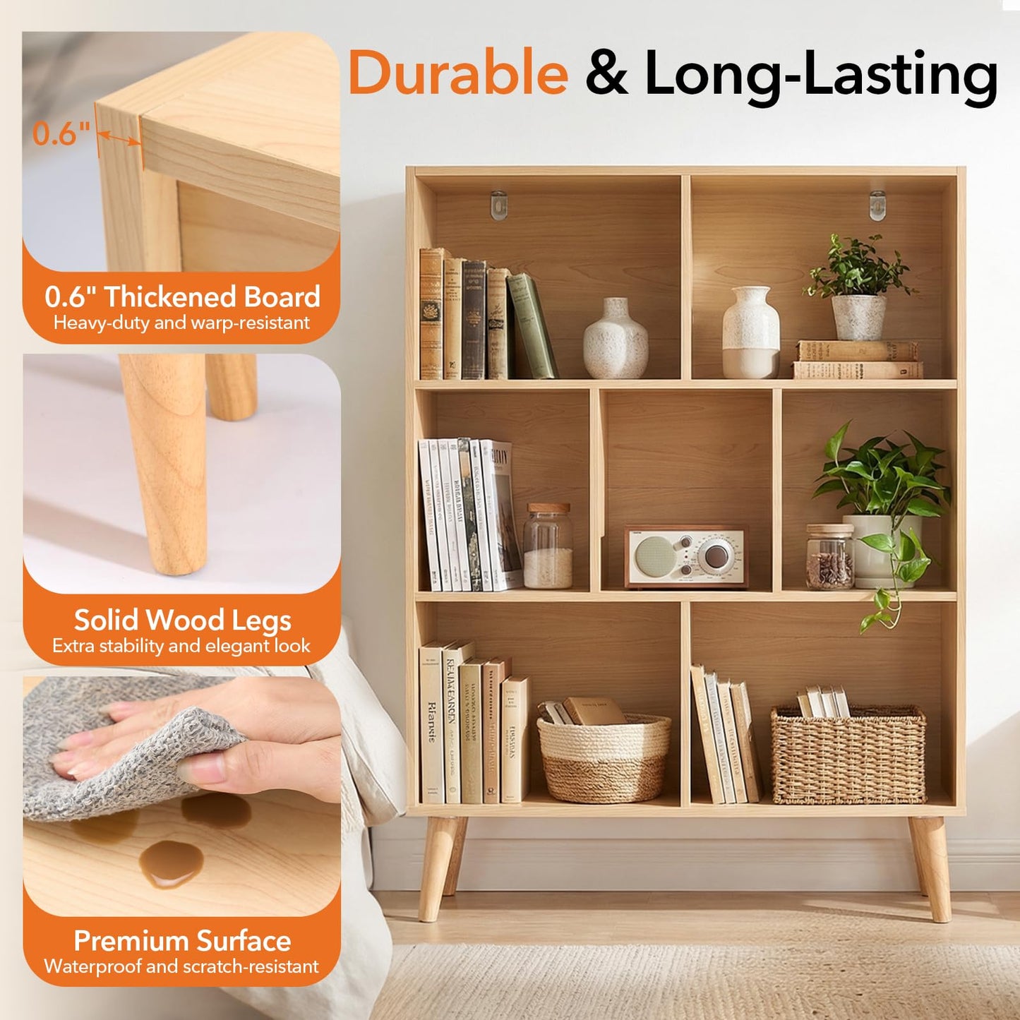 HAPPYMONT 3-Tier Bookcase, 7 Cube Modern Wooden Storage Organizer with Legs, Open Display Shelves for Living Room Bedroom Home Office, Freestanding Bookshelf, Natural Wood