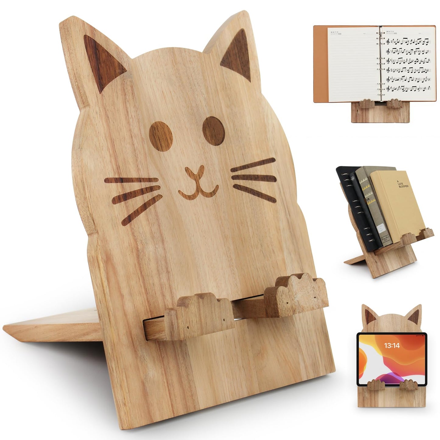 Cat Shaped Wooden Cookbook Stand - Adjustable, Hands-Free Recipe Holder for Kitchen with iPad & Music Rest