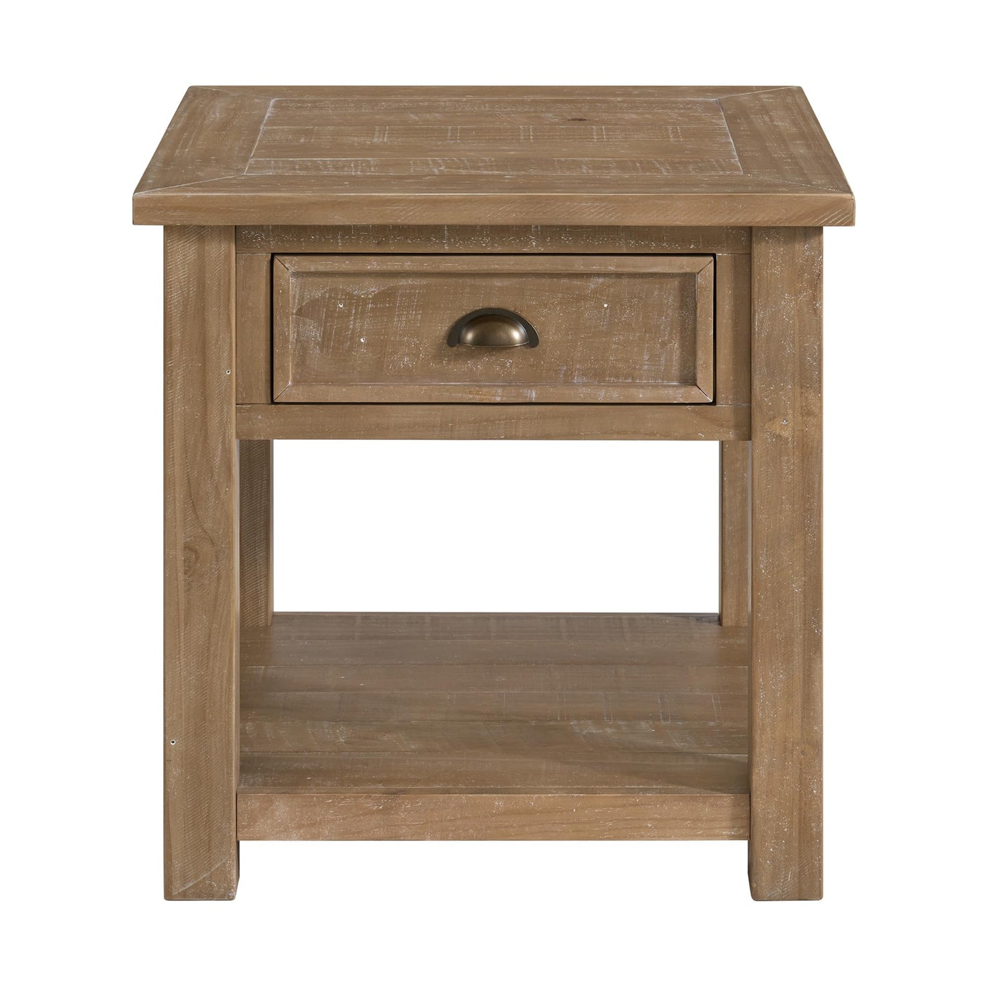 Monterey Farmhouse Rustic End Table, Solid Pine Wood Coastal Side Table with Drawer and Shelf. Driftwood.