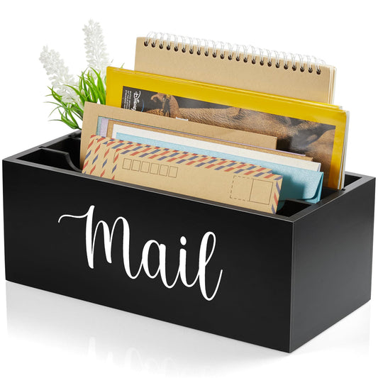 DRASTAR Mail Organizer Countertop, Wooden Mail Holder with 3 Slots, Desktop Mail Organizer, Black Mail Sorter for Home Office Accessories