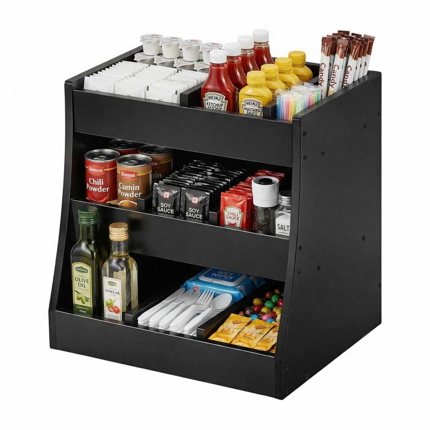 Blulu 3-tier Adjustable Condiment Organizer for Countertop Condiment Food Beverage Holder Wooden Condiments Bottle Sauce Packet Organizer Bin for Coffee Shops Restaurants Bars 14.5" x14.8" x 11.75"