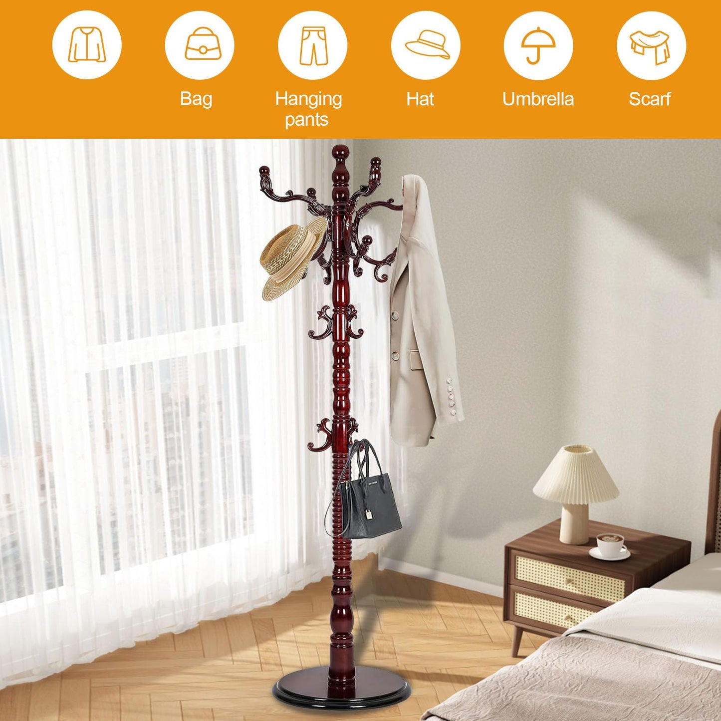 Hsohriif Wooden Coat Hanger Stand, Coat Rack Freestanding 18 Hooks, Mid Century Vintage Coat Tree for Entryway, Adjustable Height 73", Heavy Duty Coat stand for Home Bedroom, Office(Walnut)