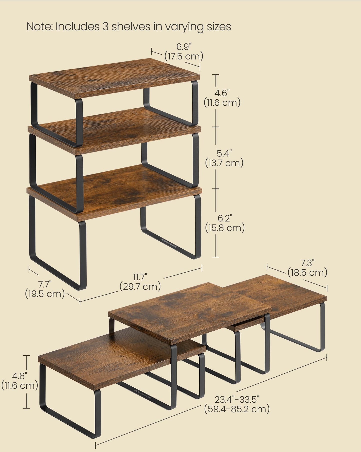 SONGMICS Cabinet Organizer Shelf, Set of 3 Kitchen Counter Shelves, Kitchen Storage, Spice Rack, Stackable, Expandable, Rustic Brown and Matte Black UKCS220K02