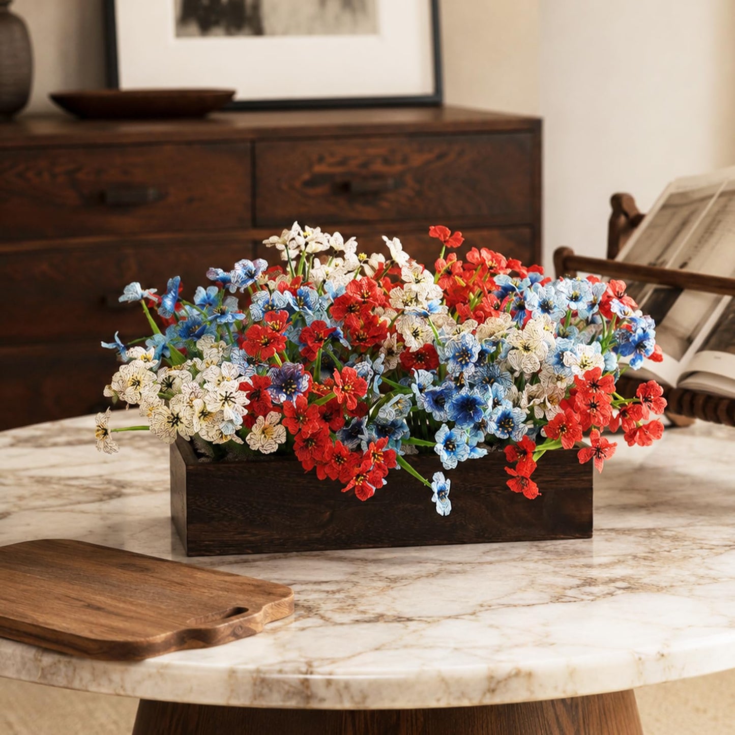 Red Wihte and Blue Flower Centerpieces for Table, 4th of July Artificial Flower Decorations 18Pcs UV Resistant Faux Violet Bouquet with Wooden Tray Patriotic Indoor Home Decor Living Room Kitchen