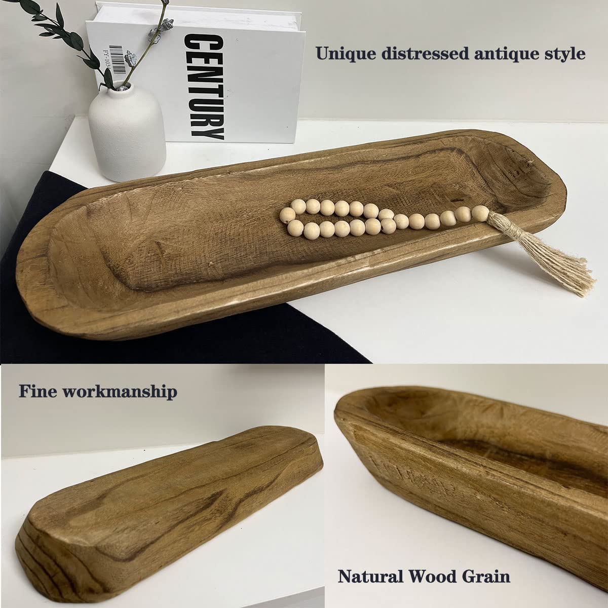 BEDAZE Wooden Dough Bowls Decorative，Rustic Bread Long Bowls Decor Wood Tray, Hand Carved For Table Centerpiece Decor, Home Decor (20 * 6 * 2 inch Brown)