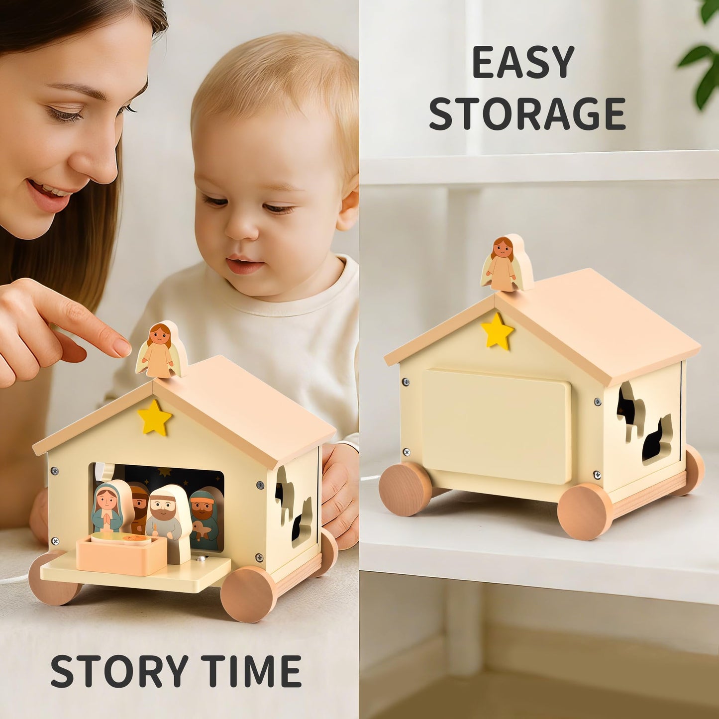 Mauzutta Wooden Nativity Set Montessori Toys for 1 Year Old - Baptism Gifts for Boys Girls - Religious Christening Gift - Bible Toys for Toddlers 1-3 House on Wheels Shape Sorter