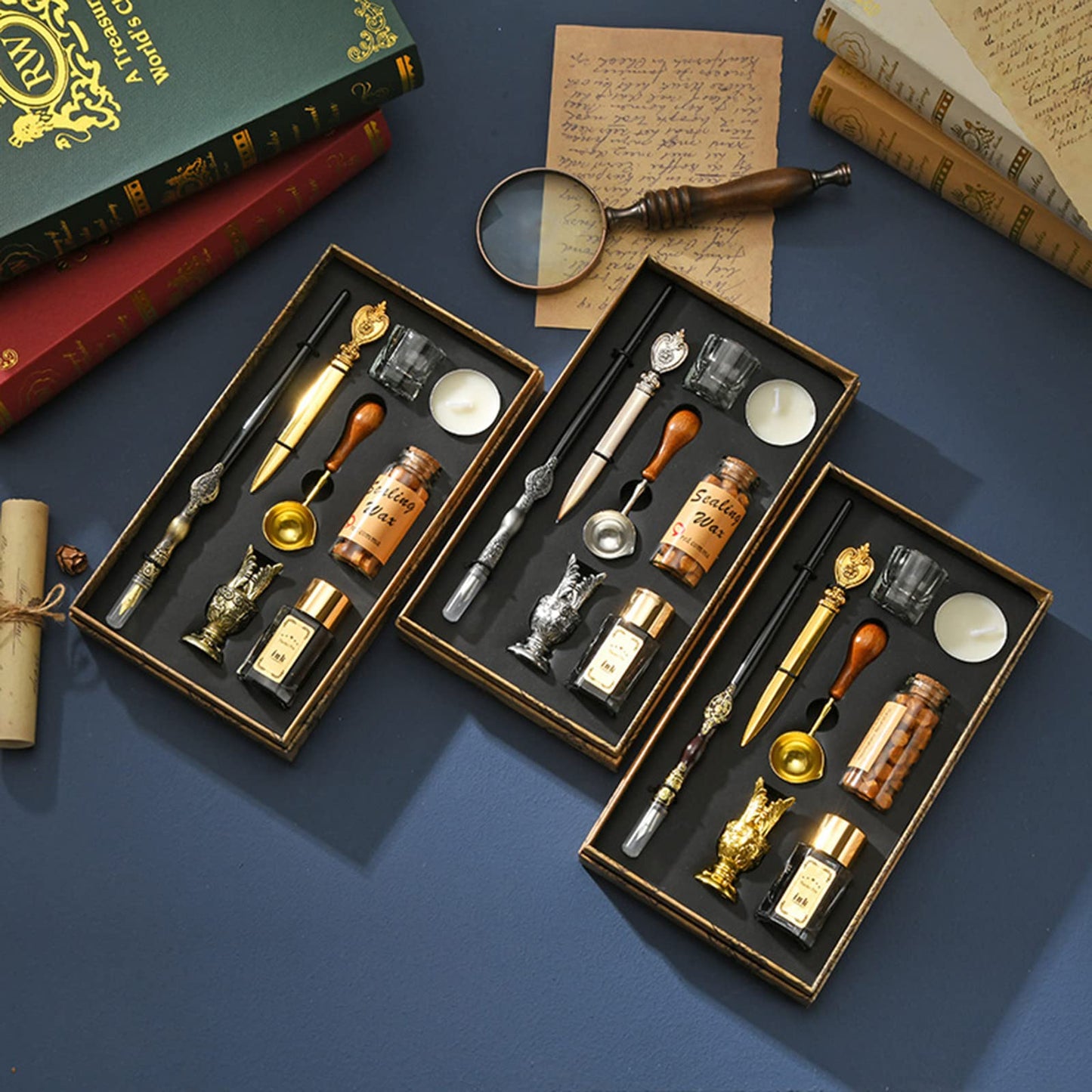 Joyeee Wooden Dip Pen Set with Ink, Vintage Letter Opener Knife, Desk Pen Holder, Tealight Candles, Idea for Writing, Drawing, Signatures, Art Gifts, Envelope Wax Seal Kit with Gold Wax Seal Beads