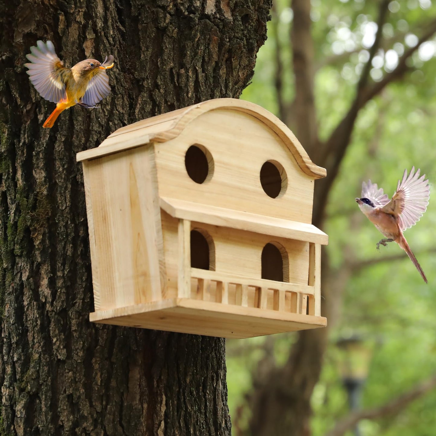 Bird Houses for Outside, 4 Hole Wooden Birdhouse for Outdoor Large Hanging Bird House Backyard Birding & Wildlife Humming Bird Houses (Four Hole)