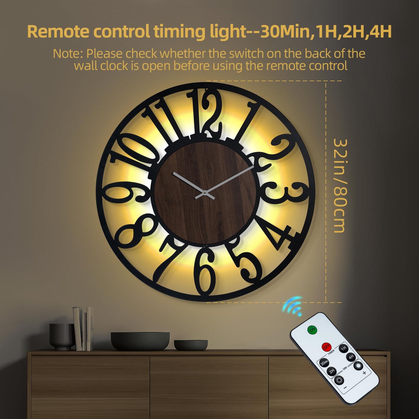 LEIKE Large Wall Clock 32'' Lighted Rustic Wood Clock with Remote Timer, Silent Battery Operated Modern Oversized Wall Clock for Living Room, Bedroom, Farmhouse, Home Decor, Large Number Display