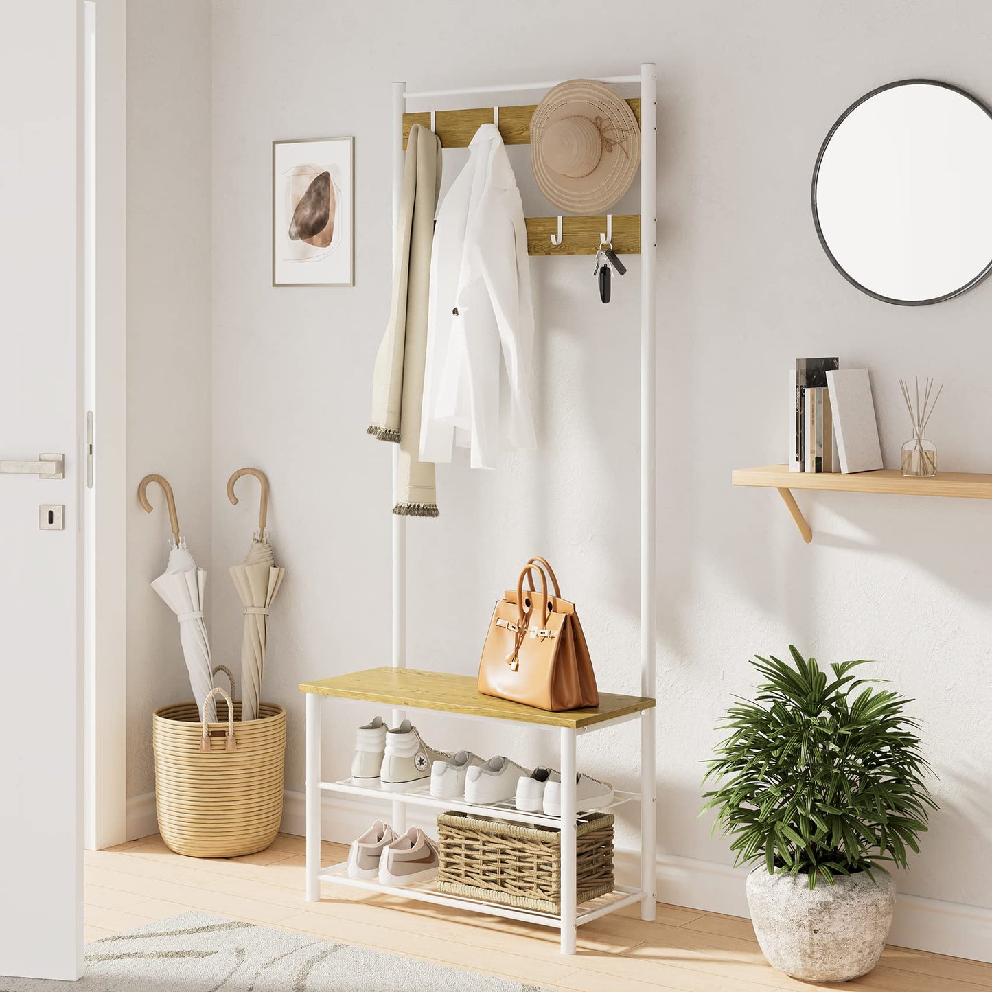 AEPOALUA Hall Tree with Bench and Shoe Storage, 3-in-1 Coat Rack Shoe Bench, Freestanding Wooden Coat Rack with Metal Frame, 3-Tier Storage Shelf and 9 Removable Hooks, White/Walnut