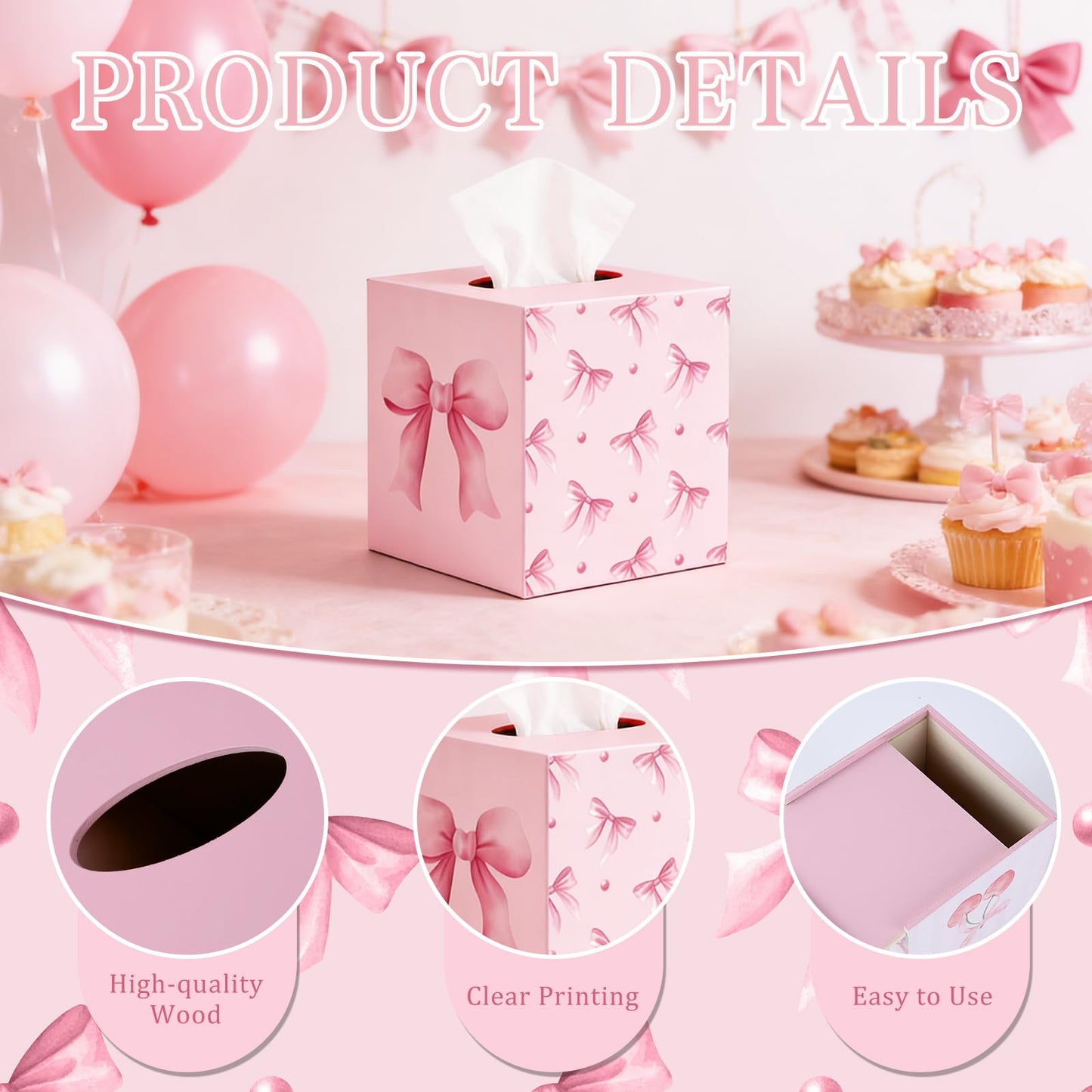 2 Pcs Pink Bow Tissue Box Cover 5.9 x 5.9 x 5.9 Inch Wooden Coquette Bow Decorative Tissue Box Holder Square Paper Towel Holder Cube Boxes Funny Cube Case for Home Pink Party Decorations Supplies