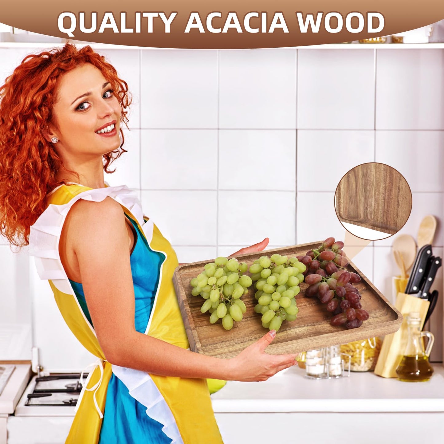 2 PCS Solid Acacia Wood Serving Trays 13 * 9 inch Rectangular Wooden Serving Platters Natural Wooden Boards for Bar Coffee Party（Wood Log Color）