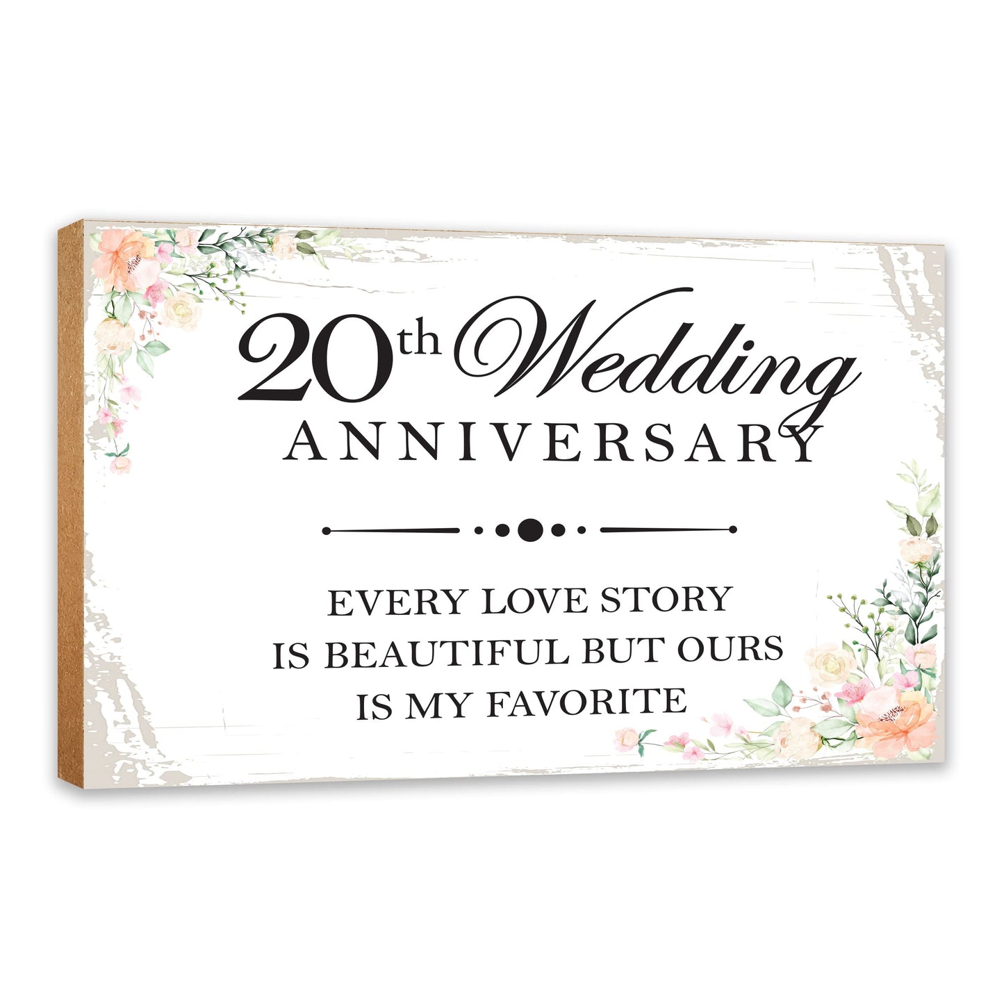 LifeSong Milestones Anniversary Shelf Sitter 5.5x8 - Table Top Décor for Wedding for Couples, Parents, and Her - Wooden Décor (20th White Every Love Story)