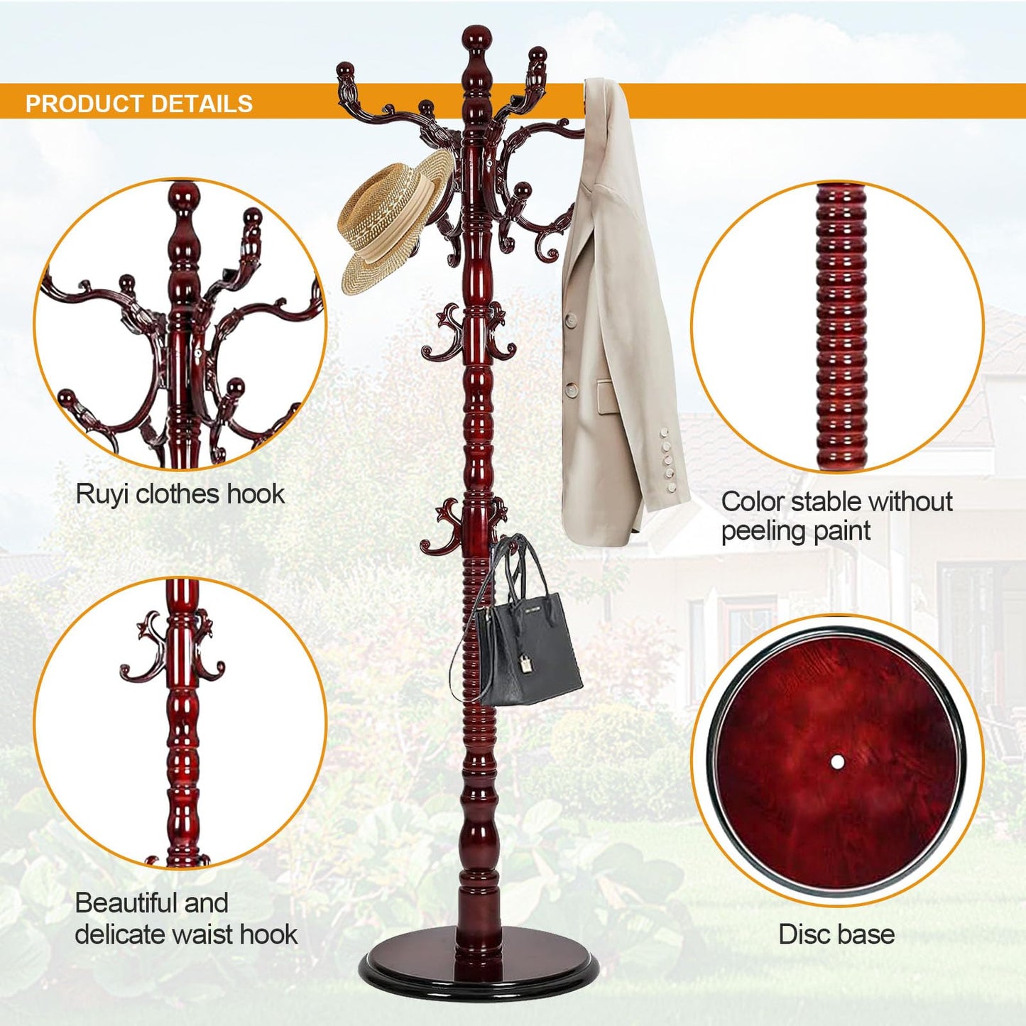 Hsohriif Wooden Coat Hanger Stand, Coat Rack Freestanding 18 Hooks, Mid Century Vintage Coat Tree for Entryway, Adjustable Height 73", Heavy Duty Coat stand for Home Bedroom, Office(Walnut)