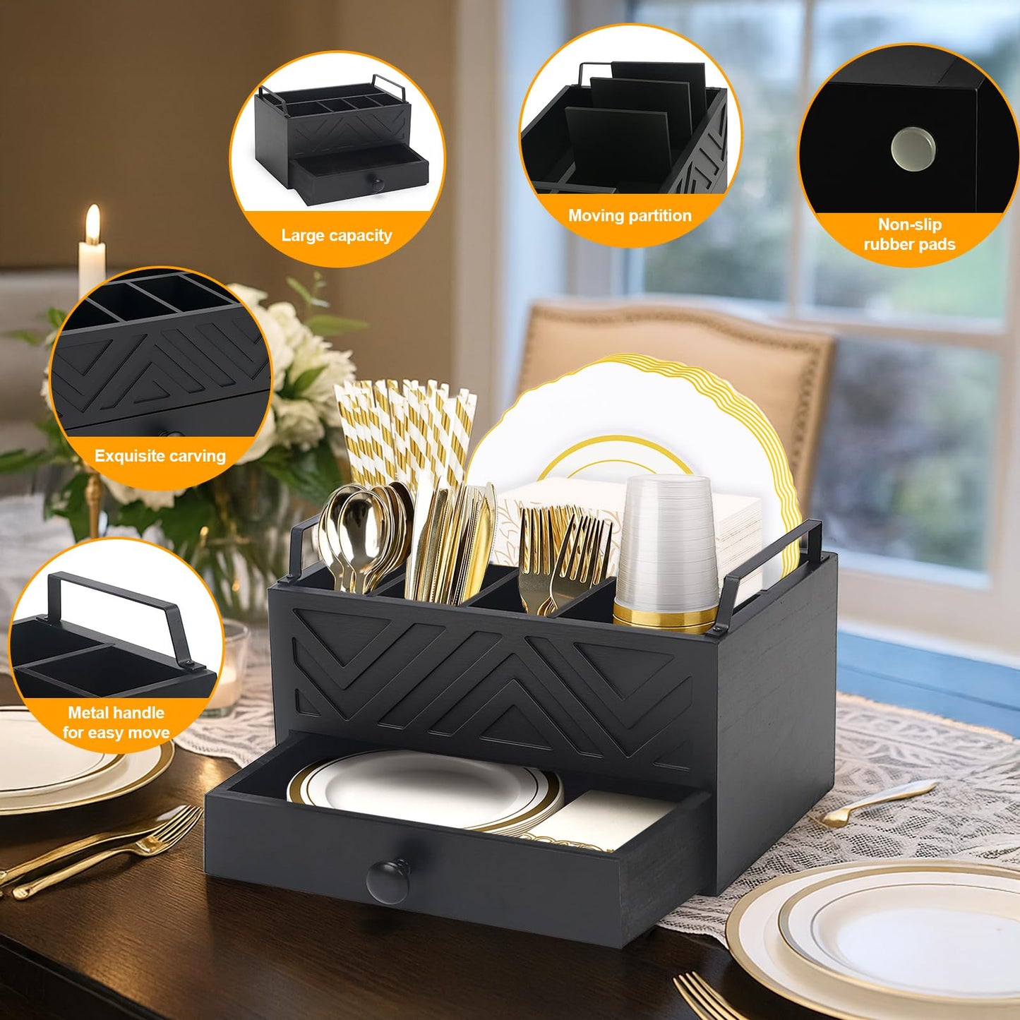 Aikosell Paper Plate Dispenser with Drawer, country style Wood Kitchen Counter, Picnic, Party, Camping - Caddy Organizer for Cups, Spoons, Forks, Plates, office supplies, Napkins & Silverware（Black）