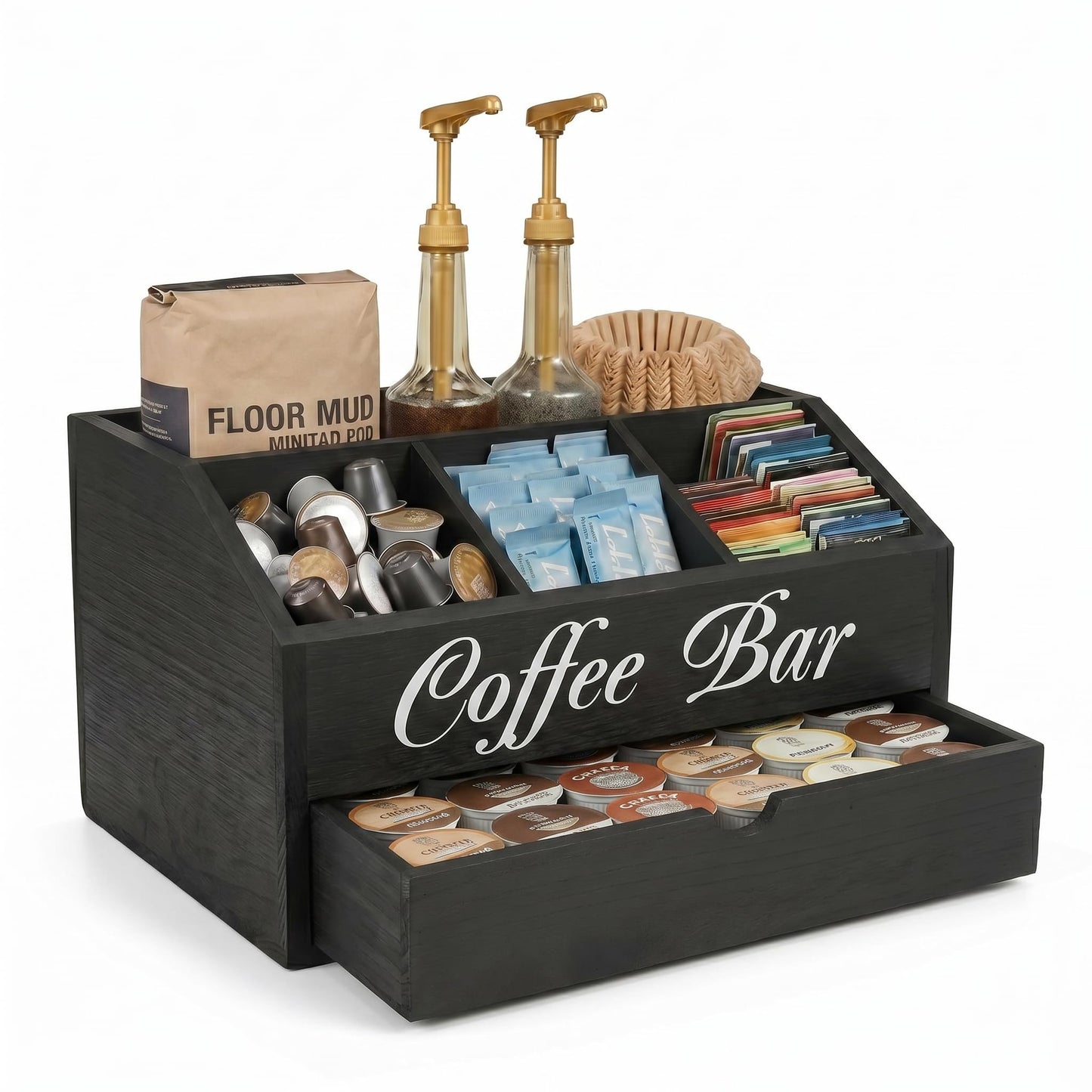 SHAXIXI Coffee Station Organizer - Double Layer with Drawers, Country Style Coffee Bar Organizer, Farmhouse Coffee Capsule Storage Basket, Natural Solid Wood Material(Black Double Layer)