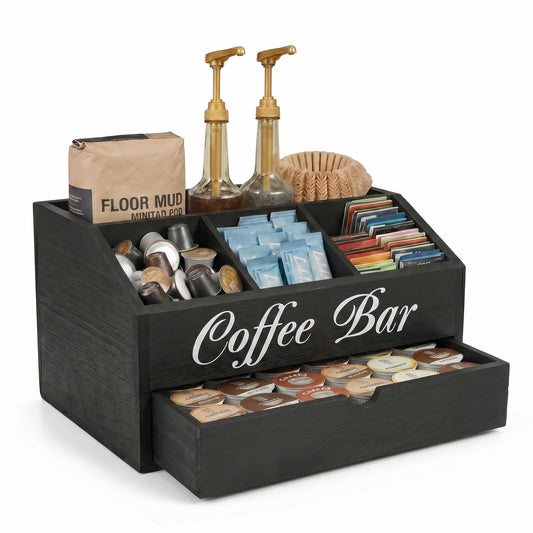 SHAXIXI Coffee Station Organizer - Double Layer with Drawers, Country Style Coffee Bar Organizer, Farmhouse Coffee Capsule Storage Basket, Natural Solid Wood Material(Black Double Layer)