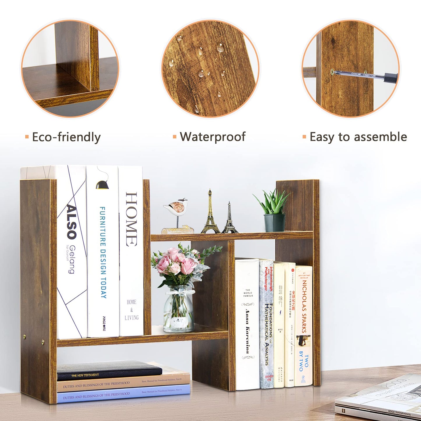 J.M.Deco Desktop Organizers and Storage for Office, Adjustable Desktop Organizer Shelf Double H Display, True Natural Stand Shelf, Desktop Shelf Organizer Natural Wood Tone