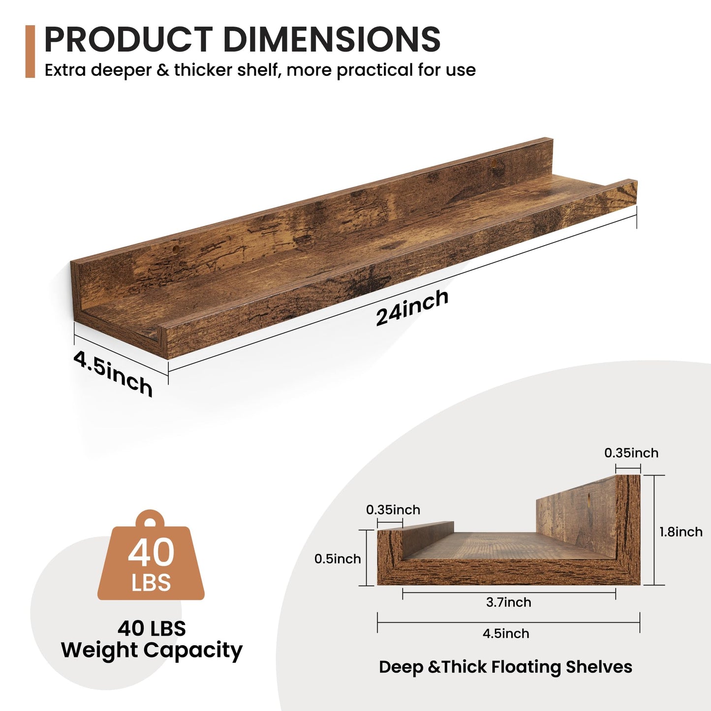 Fun Memories Picture Ledge Shelves Set of 2, 24 Inch Rustic Wall Mounted Floating Shelves with Lip for Home Storage and Décor in Bathroom, Kitchen, Nursery, Bedroom, Living Room, Brown