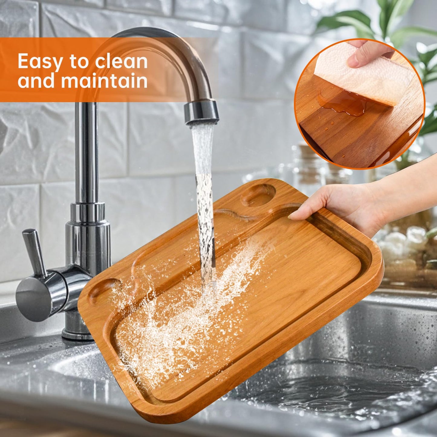 MAVOTER Wooden Steak Plates include 2 Sauce Cups, Wood Steak Board Set Serving Tray for Food Meat Cutting Board with Juice Groove, Charcuterie Board Platter for Home